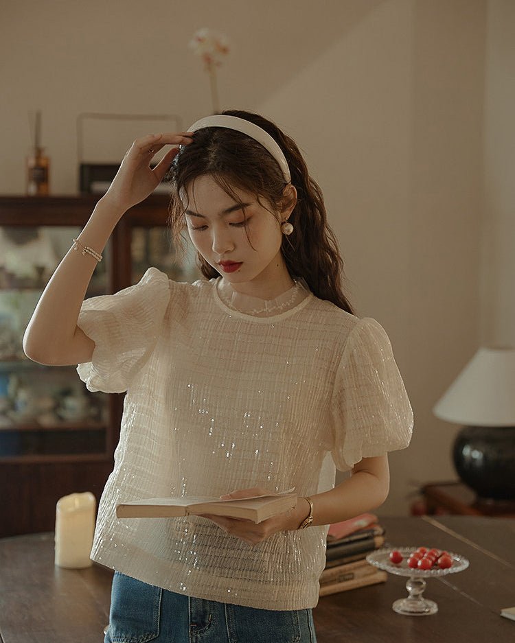 Glitter Puff Blouse - Ivory - atelier hibito