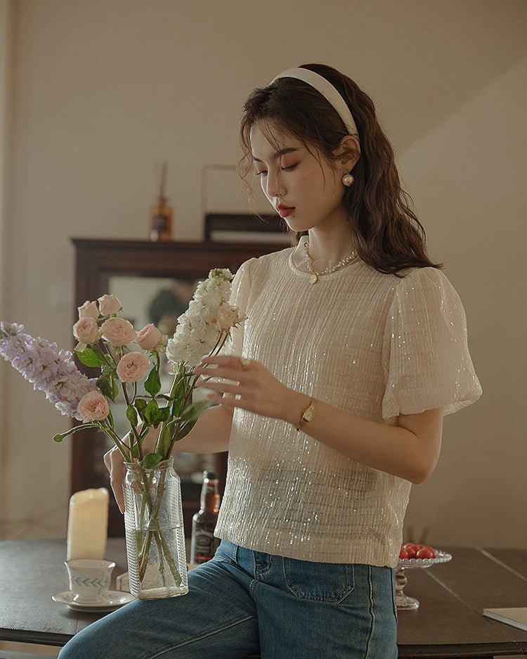 Glitter Puff Blouse - Ivory - atelier hibito