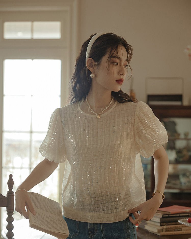 Glitter Puff Blouse - Ivory - atelier hibito